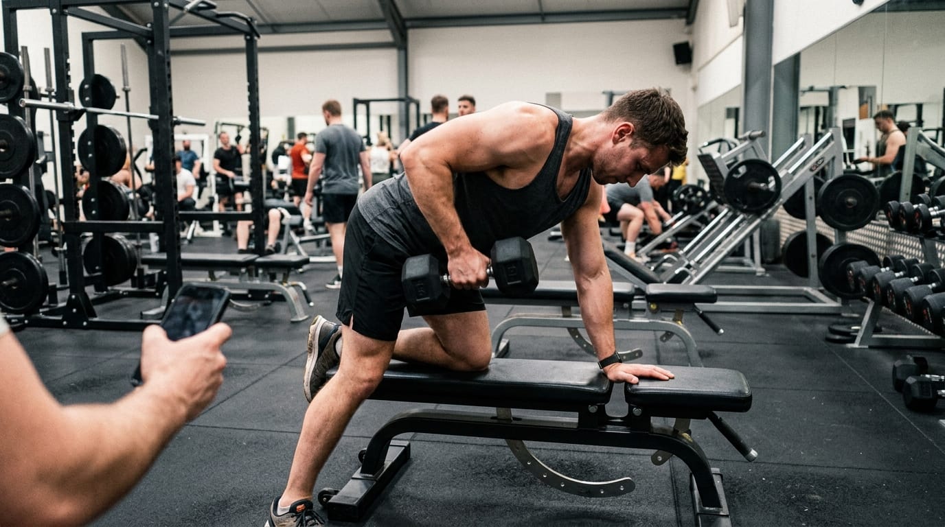 Athlete performing heavy barbell squat in gym