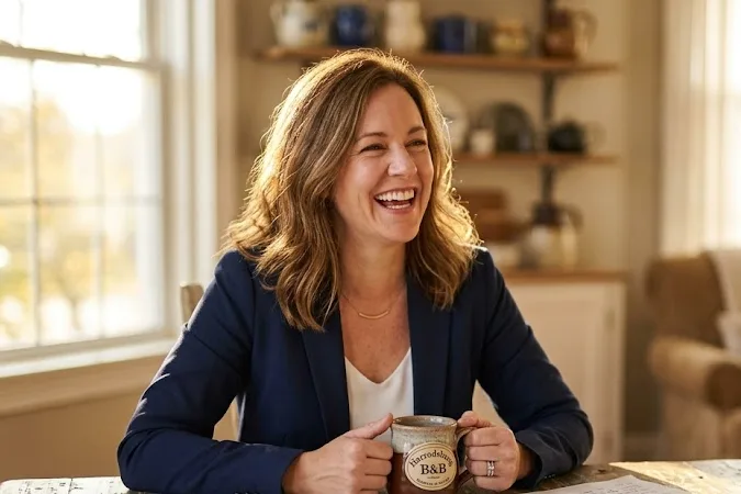 Sarah laughing with clients at a farmhouse kitchen table