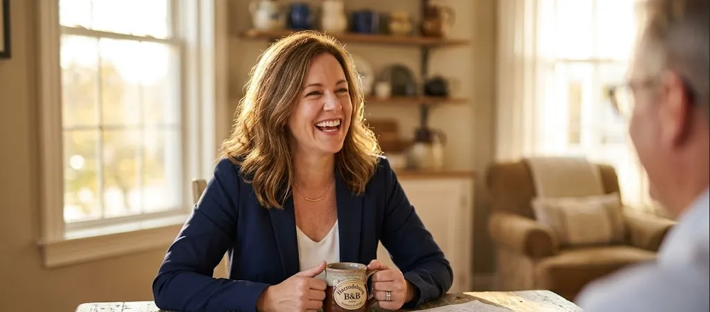 Nora Vance laughing over a mug of coffee at a farmhouse table by a bright window