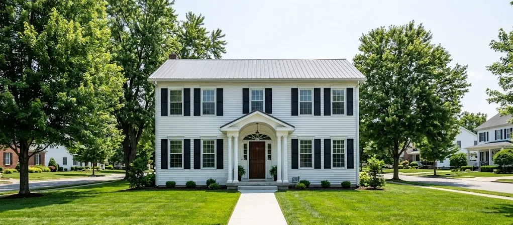Row 12: a white two-storey home with black shutters under old maples on a quiet 12South street