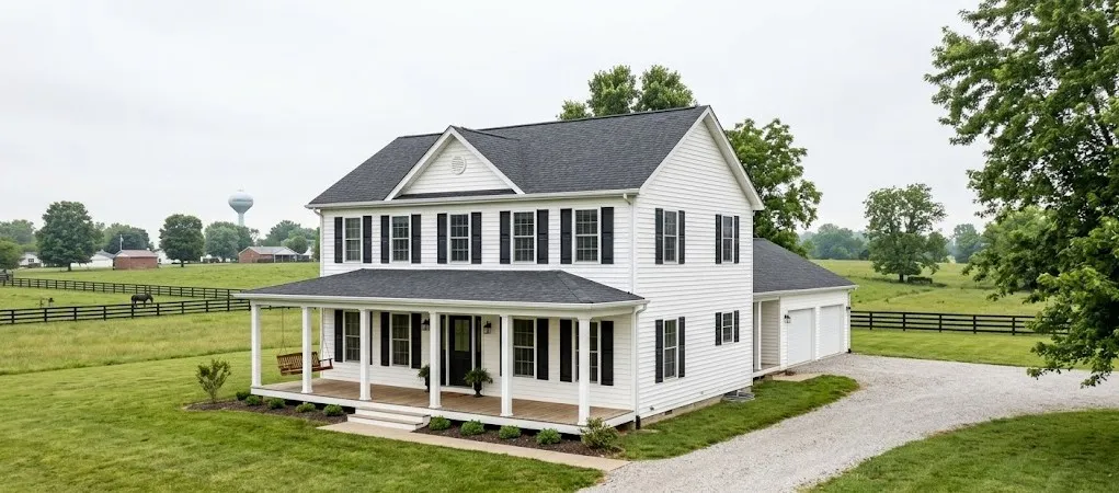 The Sylvan: a white farmhouse with a wraparound porch, a swing, and a wide green yard