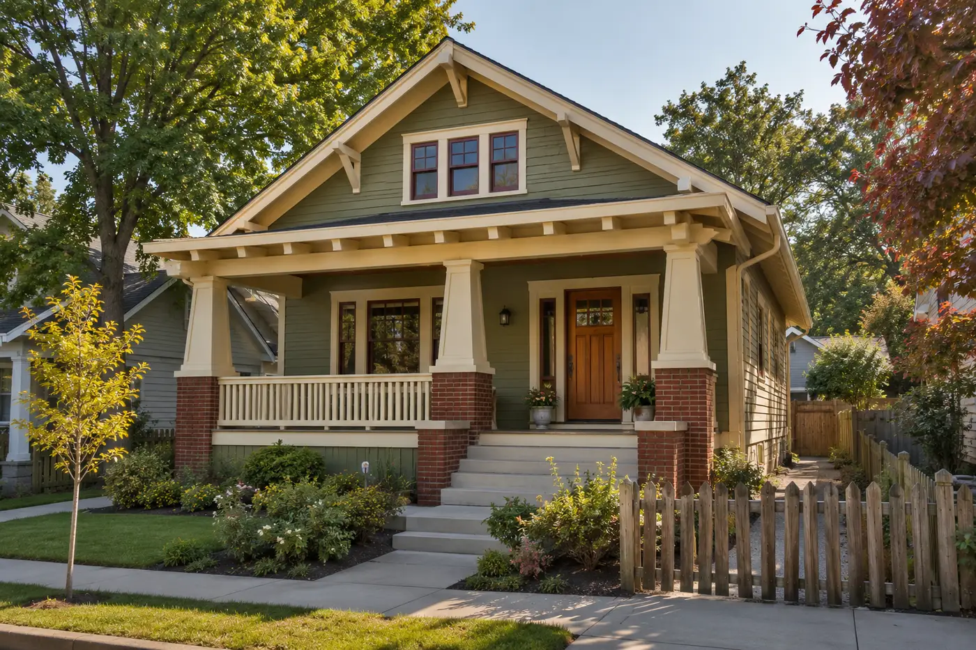 The Wren House: a green 1940s craftsman bungalow with a deep front porch, brick pillars and a picket fence in evening light
